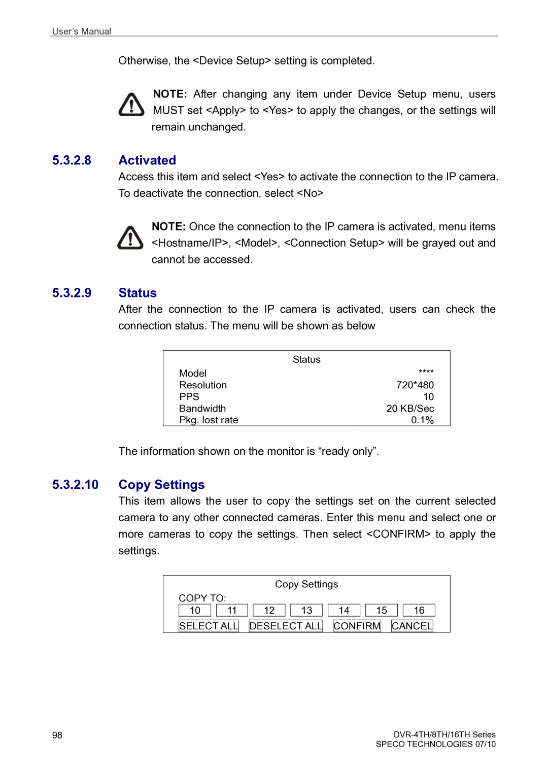 Speco Technologies 8TH, 4TH, 16TH user manual Activated, Status 