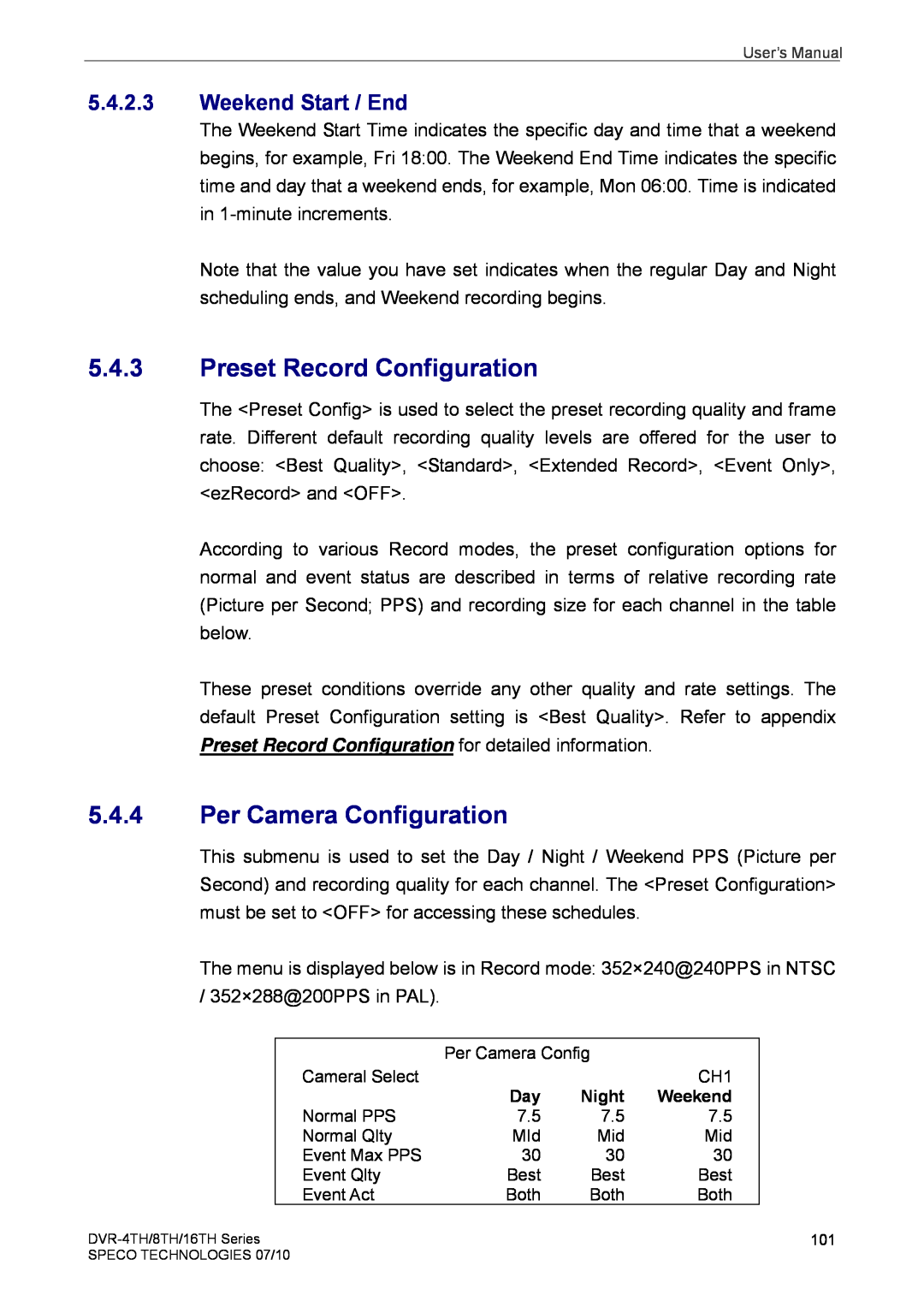Speco Technologies 8TH, 4TH, 16TH user manual Preset Record Configuration, Per Camera Configuration, Weekend Start / End 