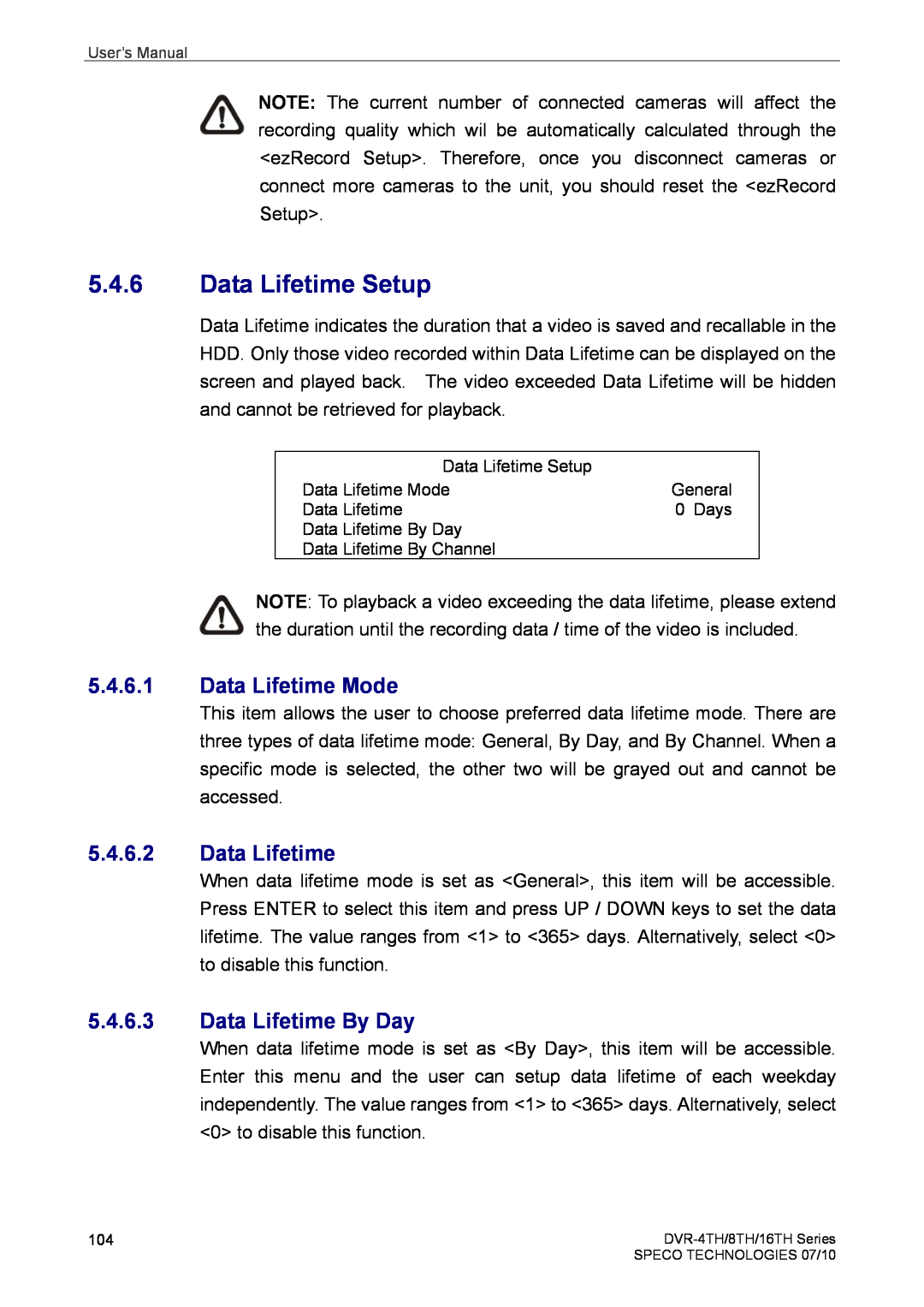 Speco Technologies 8TH, 4TH, 16TH user manual Data Lifetime Setup, Data Lifetime Mode, Data Lifetime By Day 