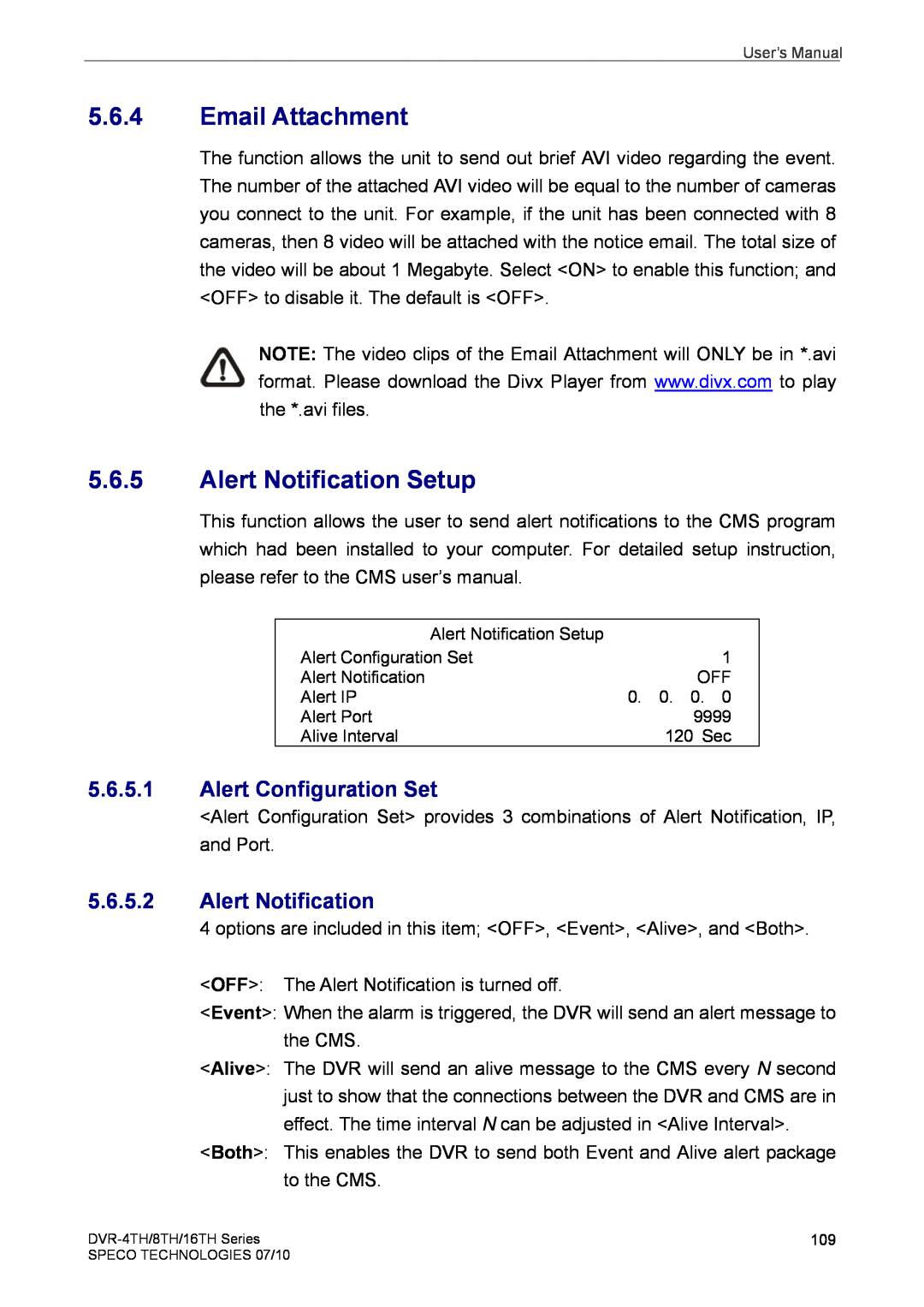 Speco Technologies 16TH, 8TH, 4TH user manual Email Attachment, Alert Notification Setup, Alert Configuration Set 