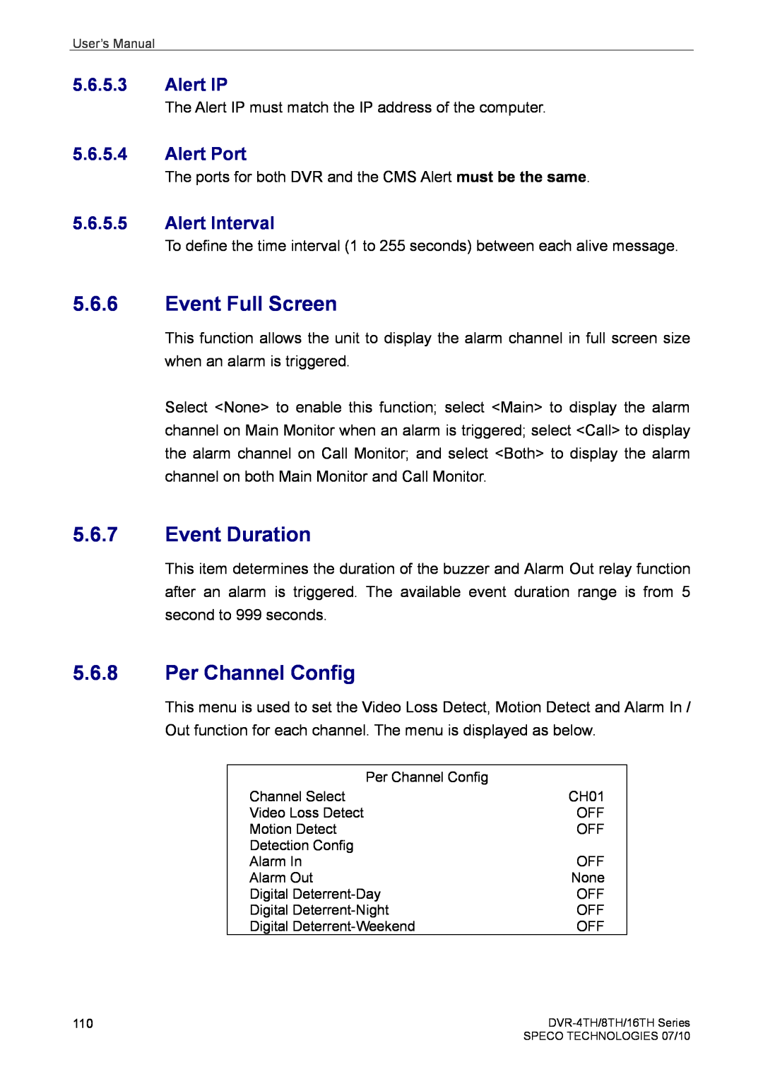 Speco Technologies 8TH, 4TH Event Full Screen, Event Duration, Per Channel Config, Alert IP, Alert Port, Alert Interval 