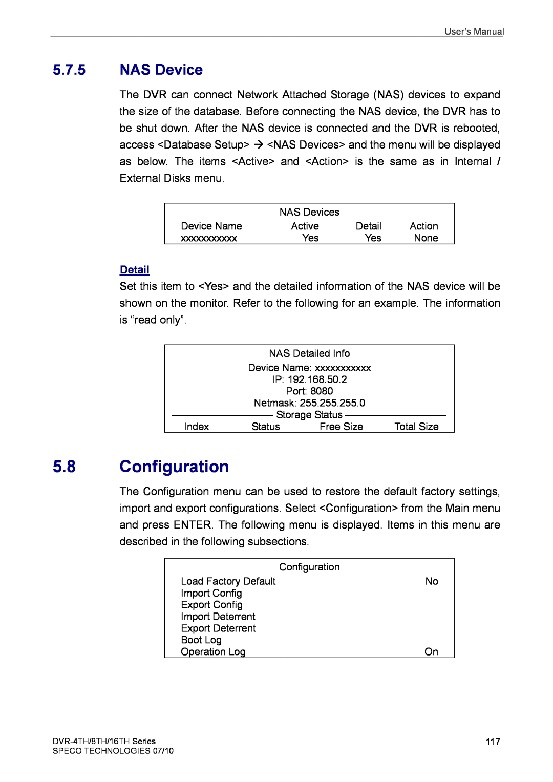 Speco Technologies 4TH, 8TH, 16TH user manual Configuration, NAS Device 