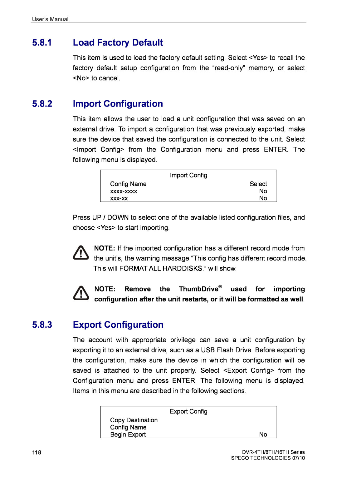 Speco Technologies 16TH, 8TH, 4TH user manual Load Factory Default, Import Configuration, Export Configuration 