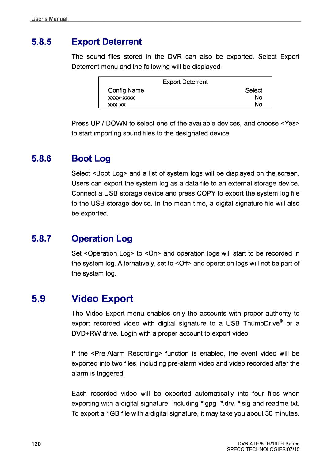 Speco Technologies 4TH, 8TH, 16TH user manual Video Export, Export Deterrent, Boot Log, Operation Log 