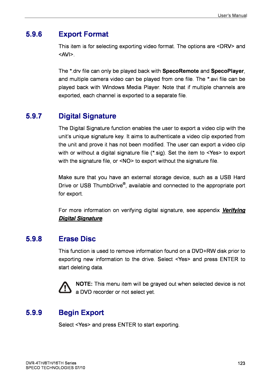 Speco Technologies 4TH, 8TH, 16TH user manual Export Format, Digital Signature, Erase Disc, Begin Export 