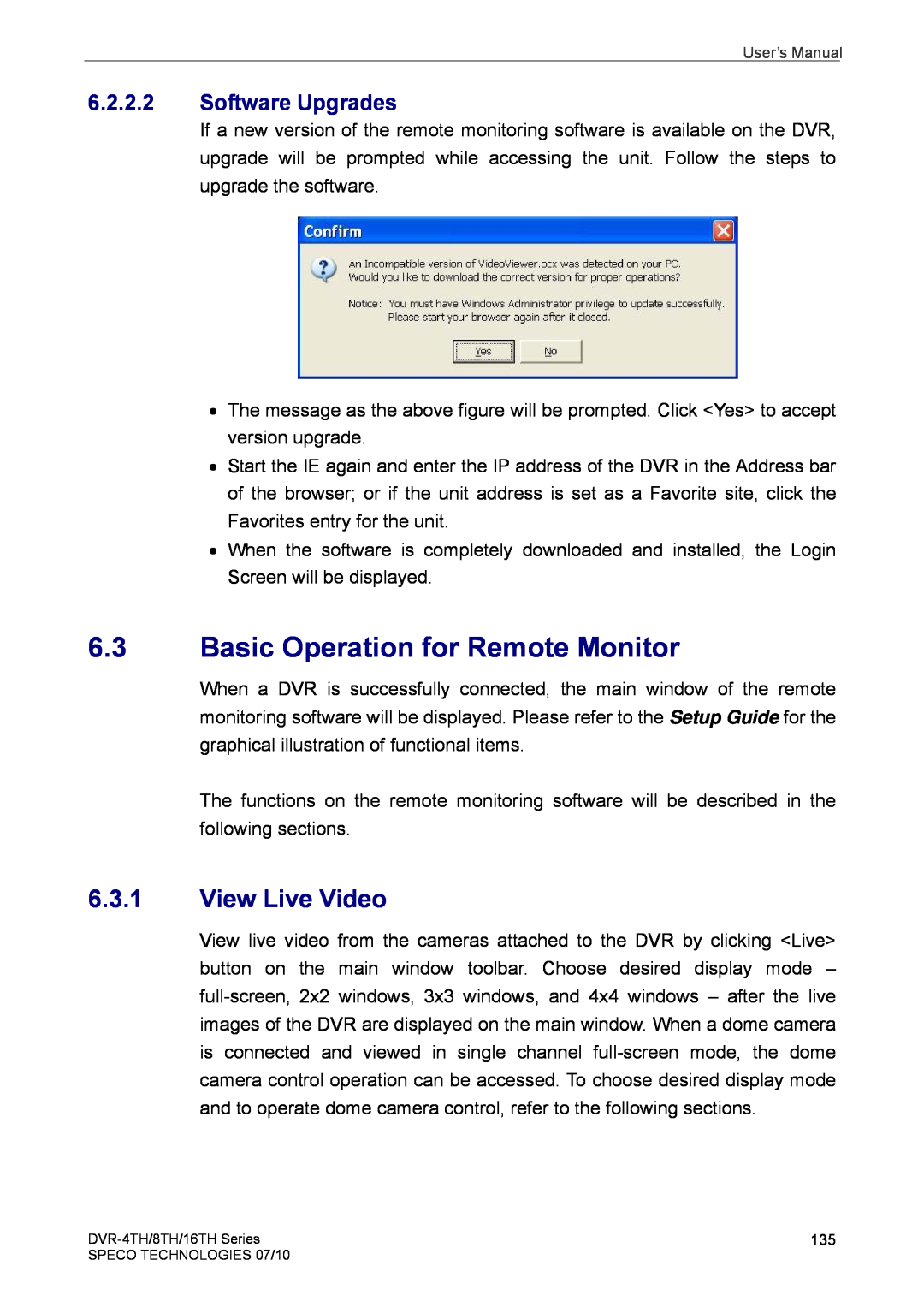 Speco Technologies 4TH, 8TH, 16TH user manual Basic Operation for Remote Monitor, View Live Video, Software Upgrades 