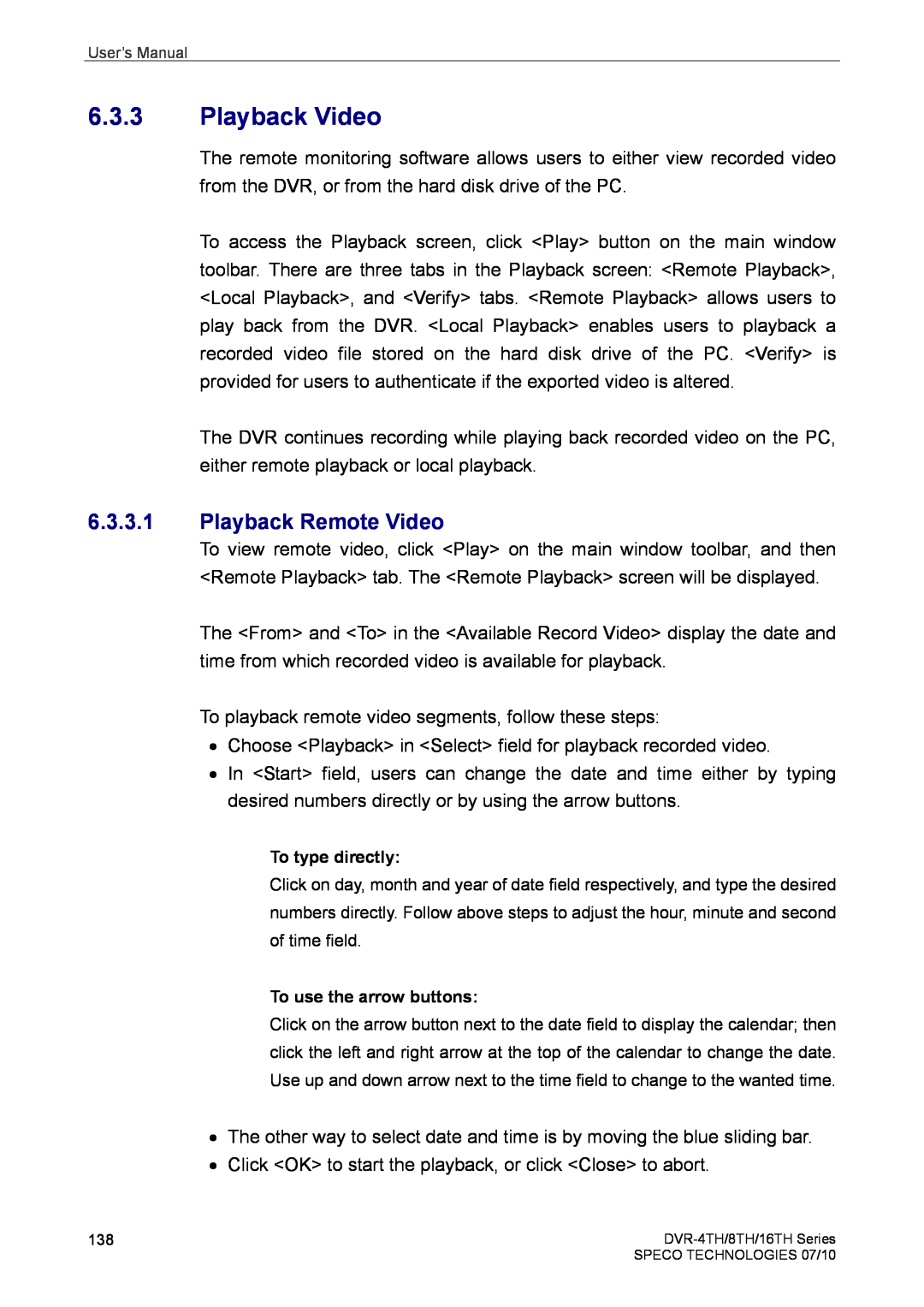 Speco Technologies 4TH, 8TH, 16TH user manual Playback Video, Playback Remote Video 