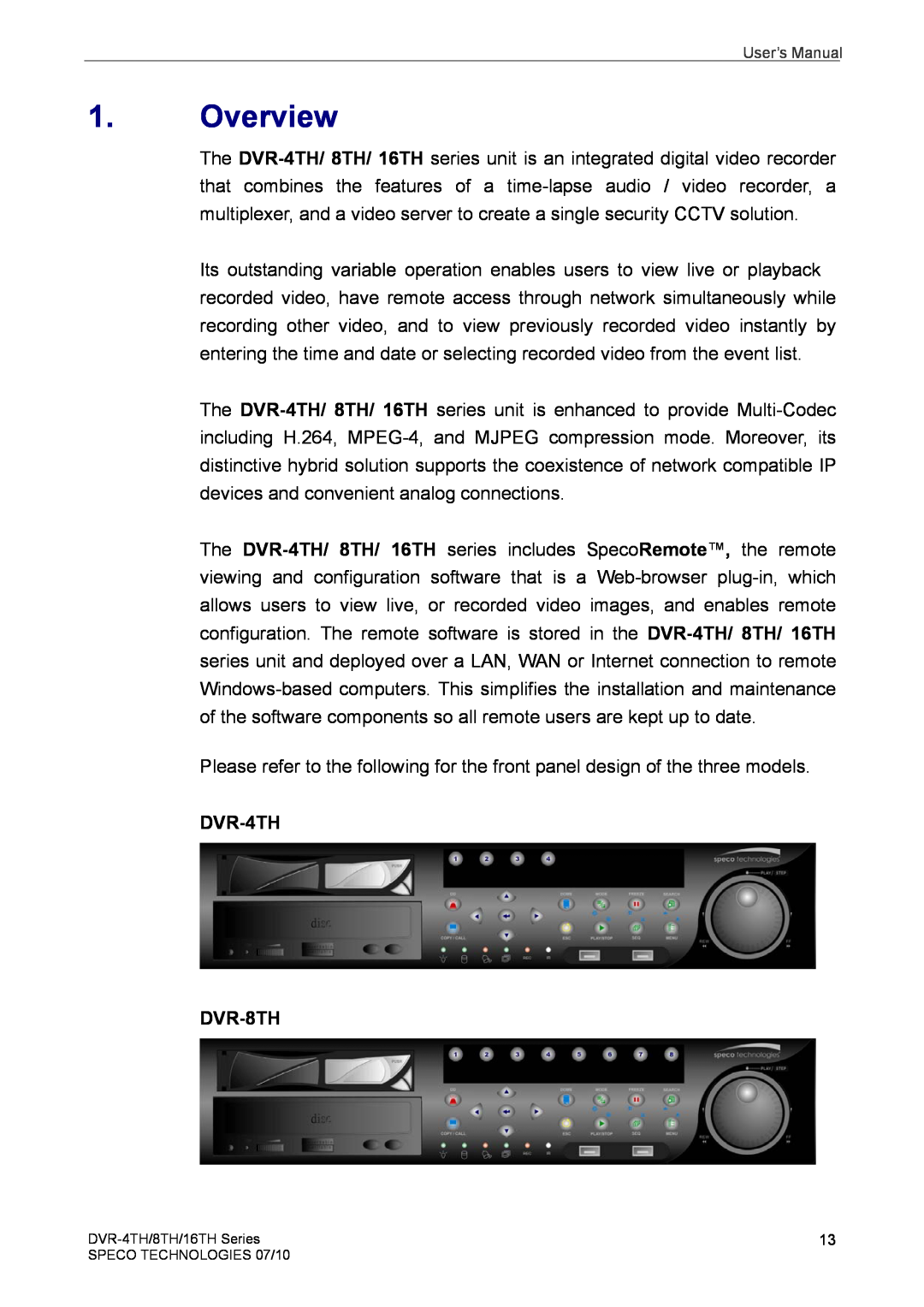 Speco Technologies 16TH user manual Overview, DVR-4TH DVR-8TH 