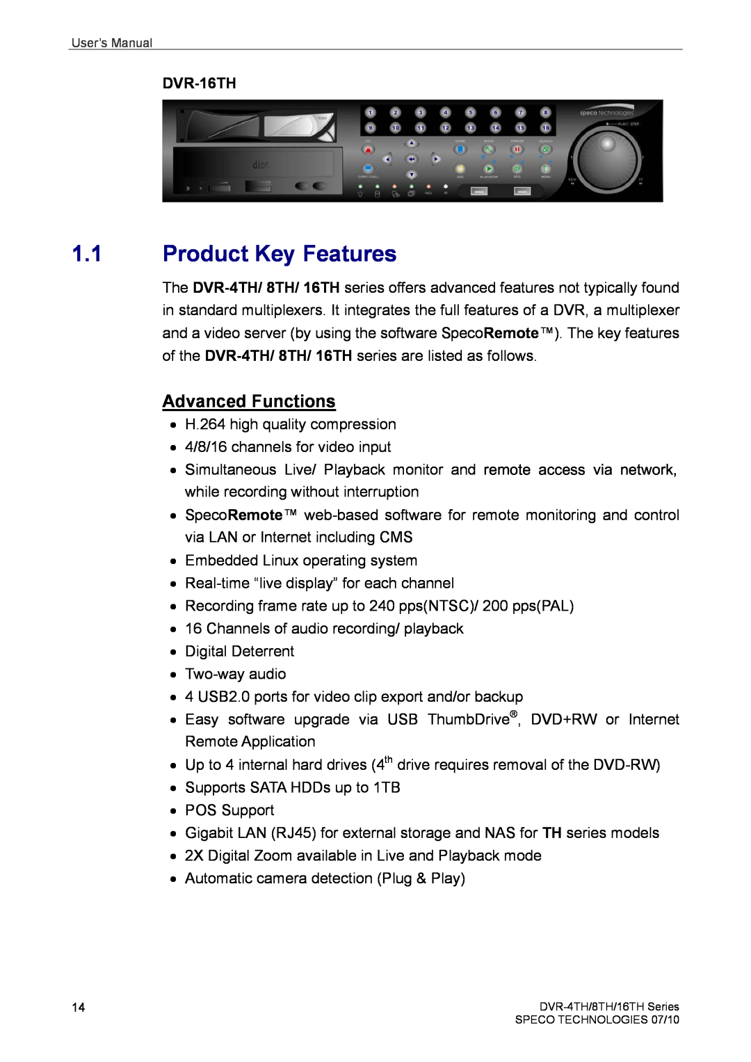 Speco Technologies 8TH, 4TH user manual Product Key Features, Advanced Functions, DVR-16TH 