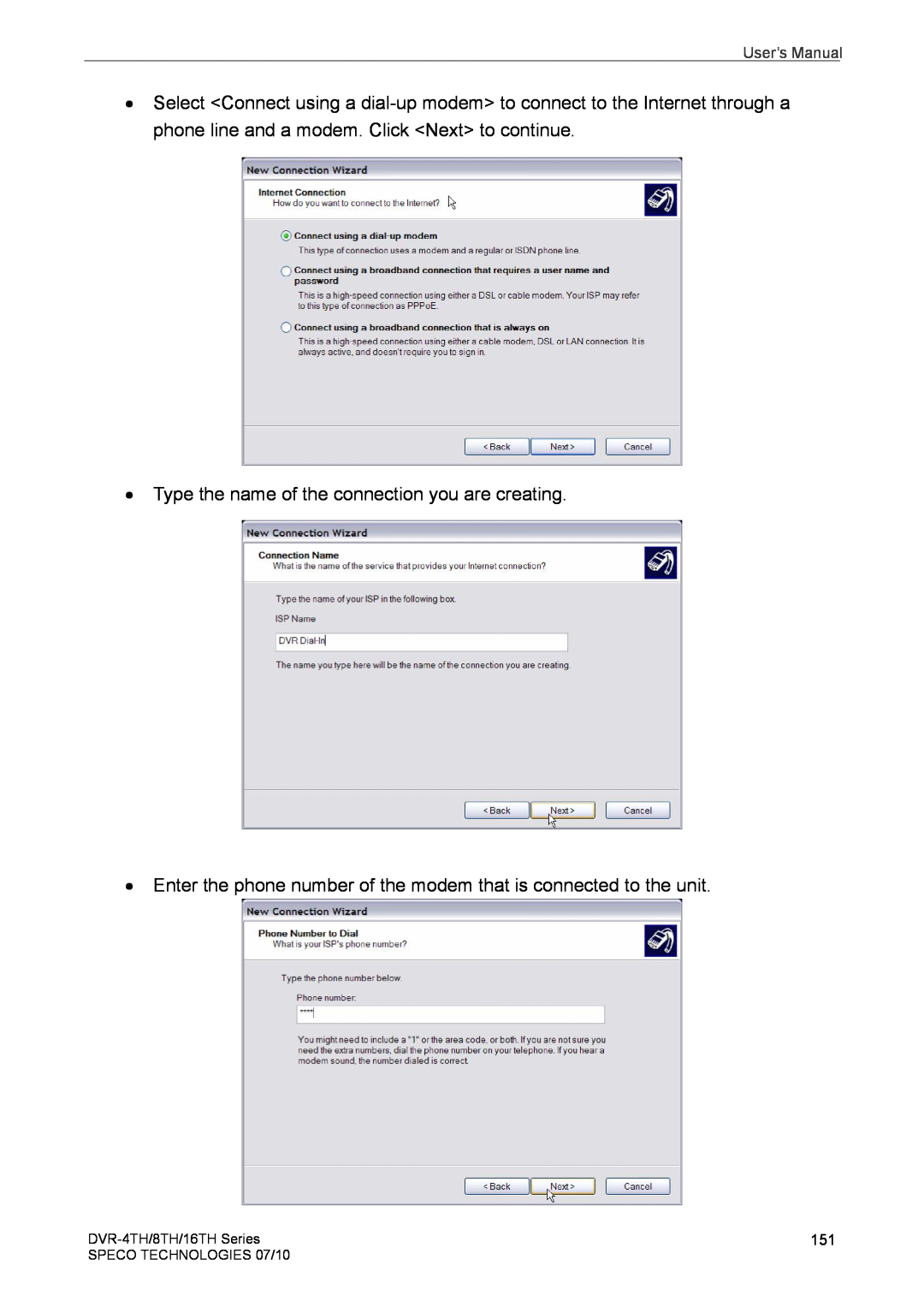 Speco Technologies user manual Type the name of the connection you are creating, User’s Manual, DVR-4TH/8TH/16TH Series 