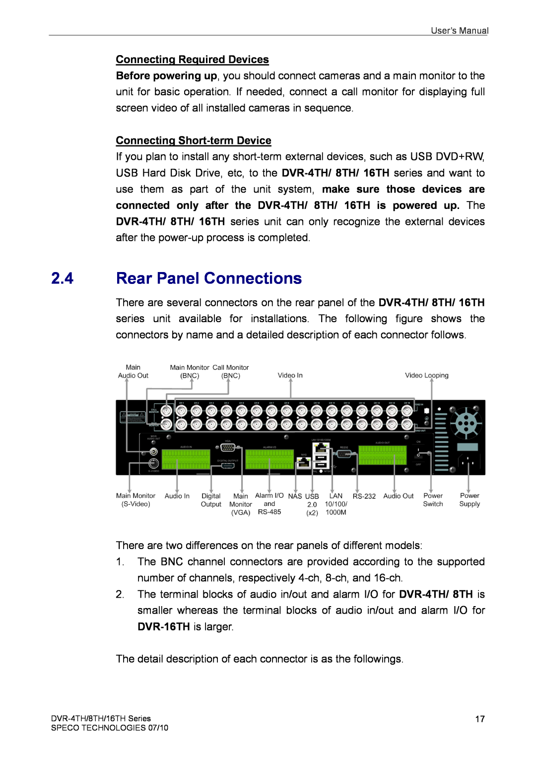 Speco Technologies 8TH, 4TH, 16TH Rear Panel Connections, Connecting Required Devices, Connecting Short-term Device 