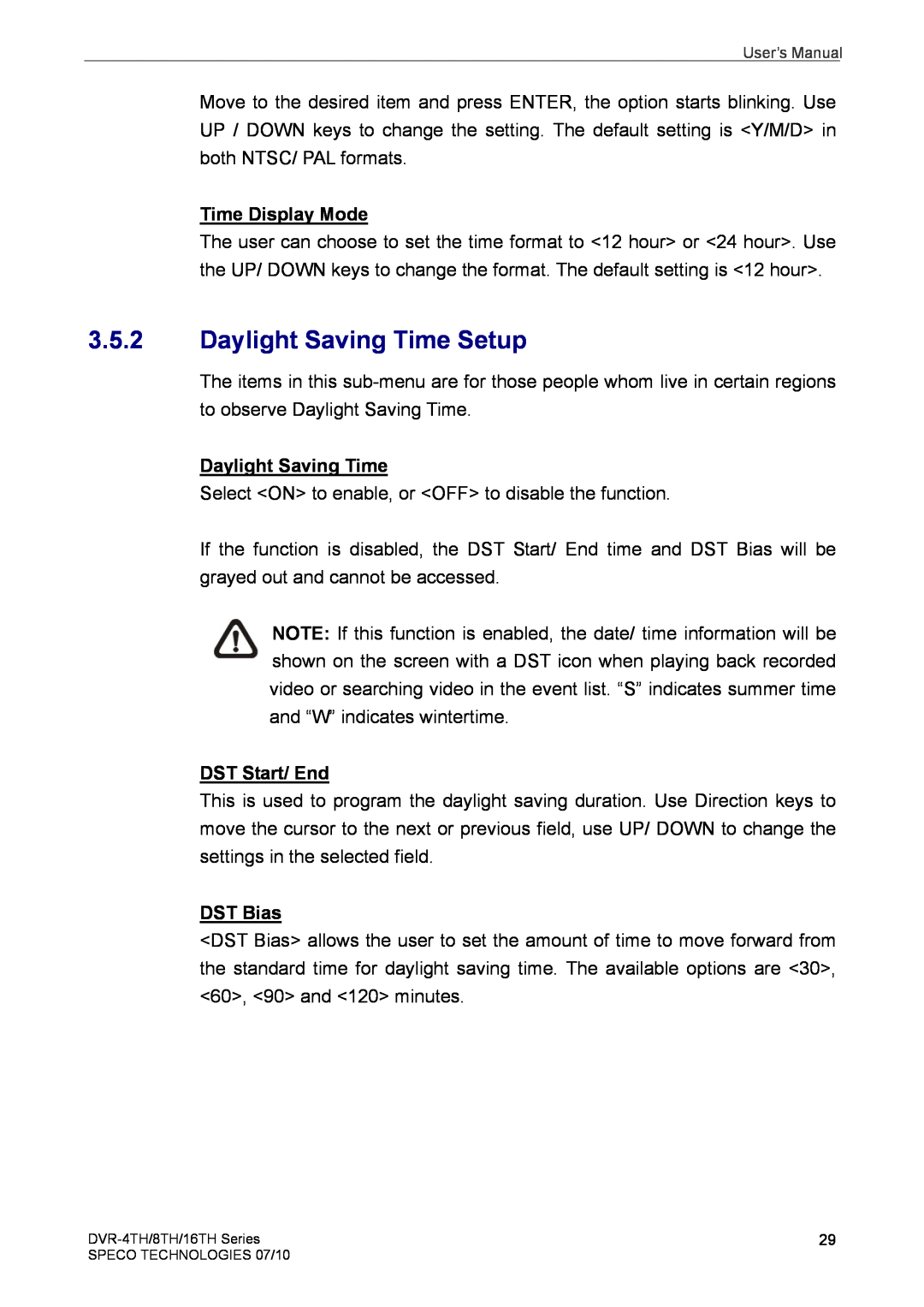 Speco Technologies 8TH, 4TH, 16TH user manual Daylight Saving Time Setup, Time Display Mode, DST Start/ End, DST Bias 