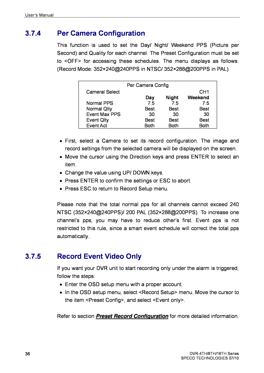 Speco Technologies 4TH, 8TH, 16TH user manual Per Camera Configuration, Record Event Video Only 