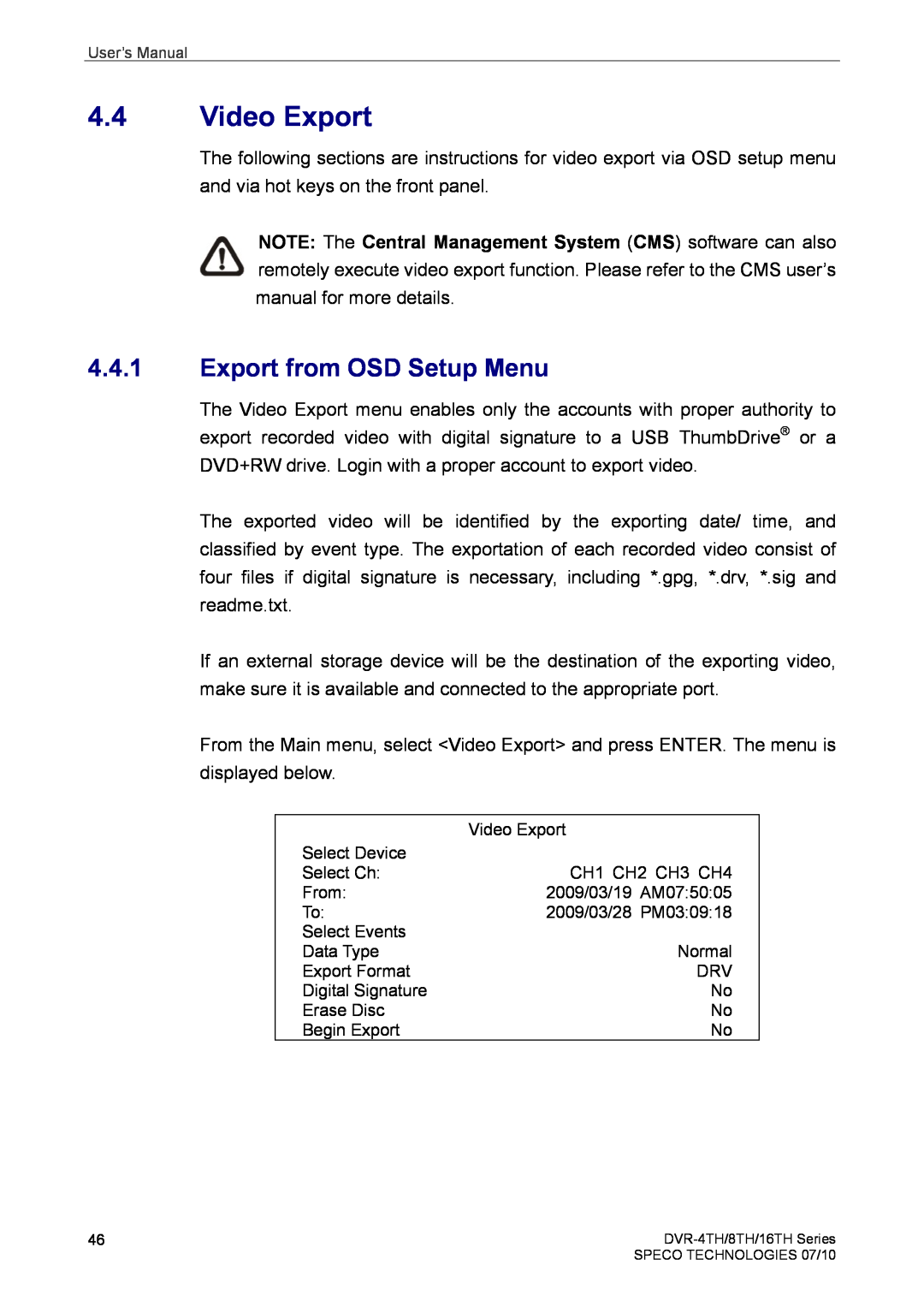 Speco Technologies 16TH, 8TH, 4TH user manual Video Export, Export from OSD Setup Menu 