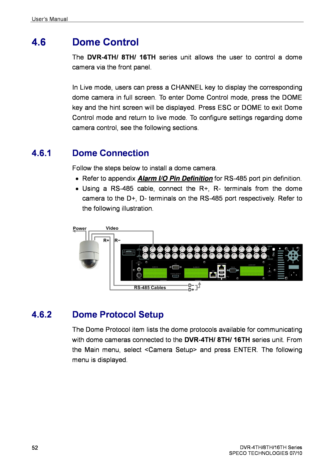 Speco Technologies 16TH, 8TH, 4TH user manual Dome Control, Dome Connection, Dome Protocol Setup 