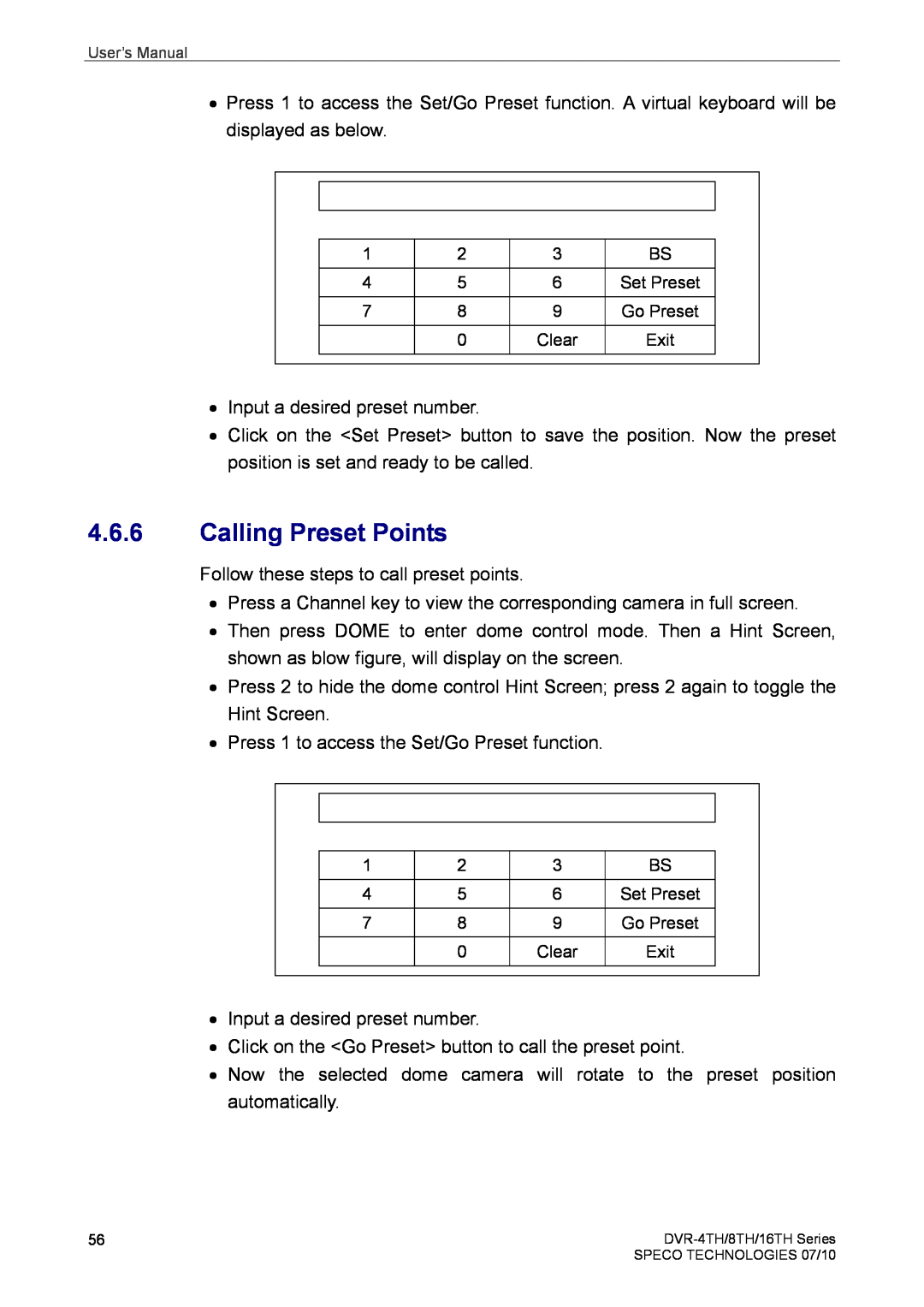 Speco Technologies 8TH, 4TH, 16TH user manual Calling Preset Points 