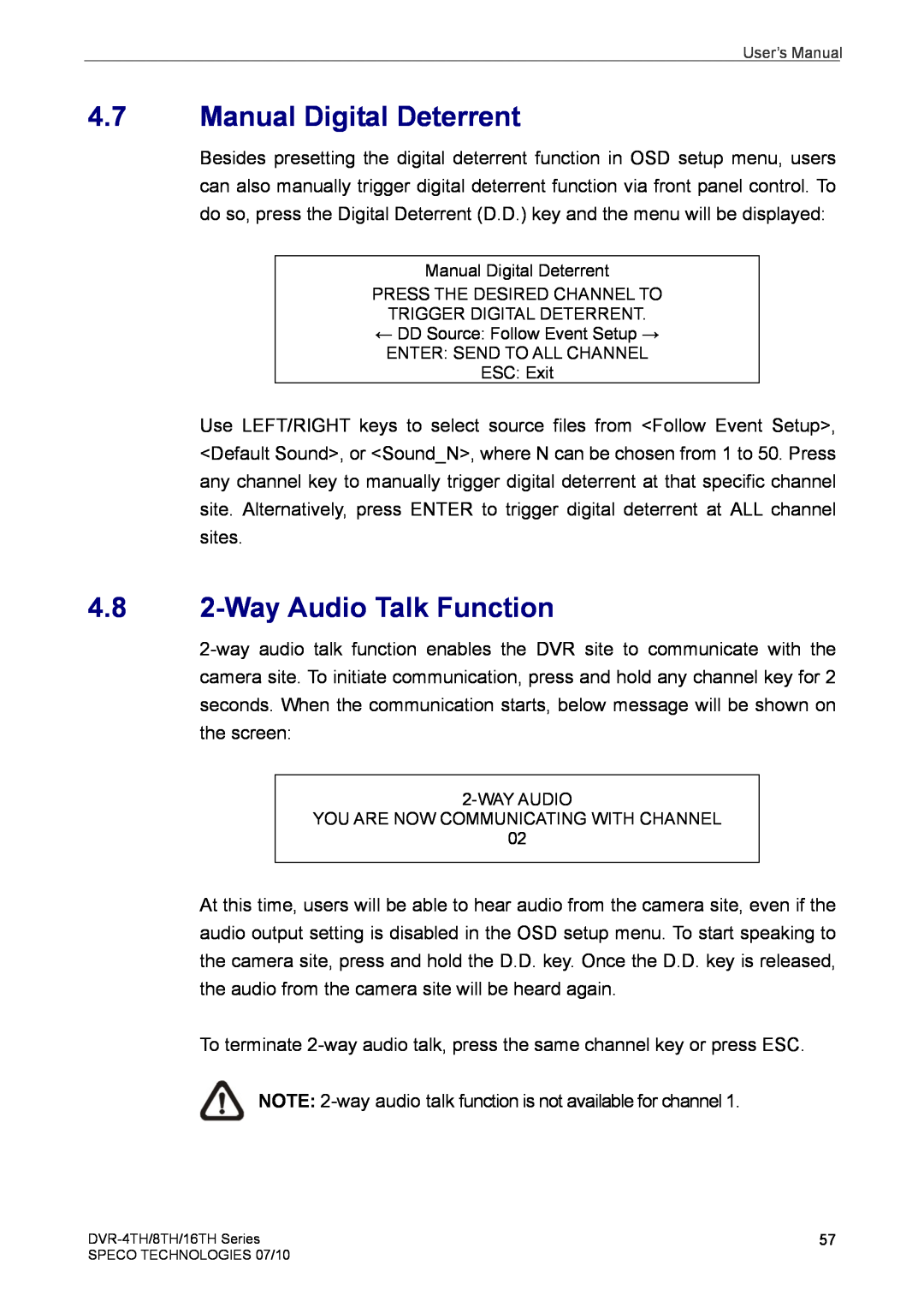 Speco Technologies 4TH, 8TH, 16TH user manual Manual Digital Deterrent, 4.8 2-Way Audio Talk Function 