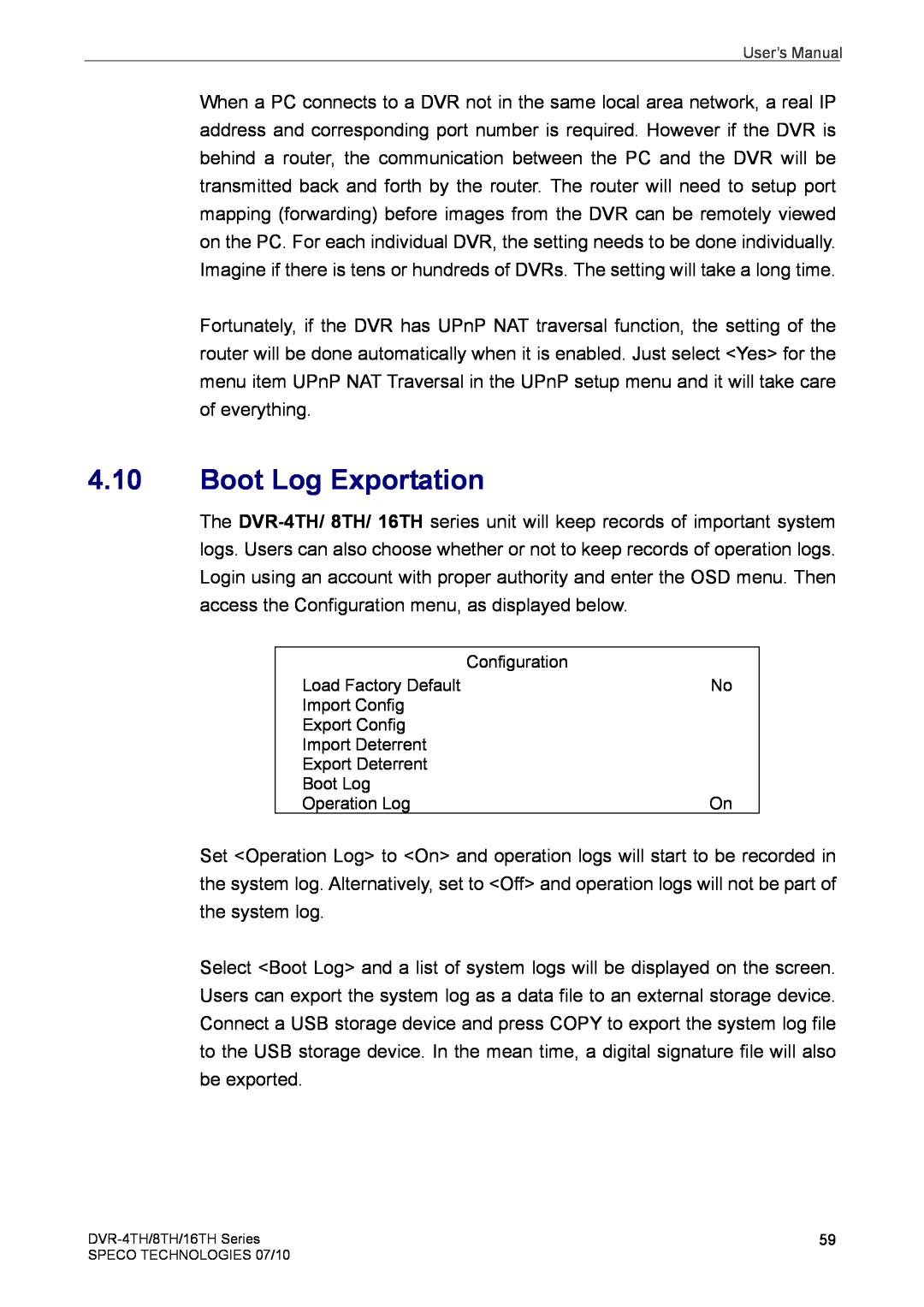 Speco Technologies 8TH, 4TH, 16TH user manual Boot Log Exportation 