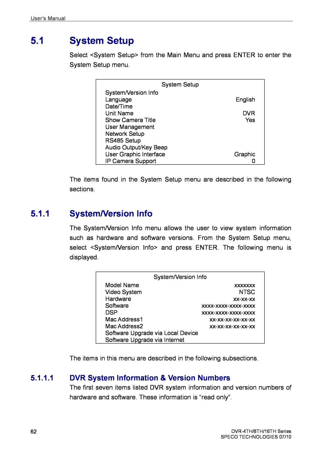 Speco Technologies 8TH, 4TH, 16TH user manual System Setup, System/Version Info, DVR System Information & Version Numbers 