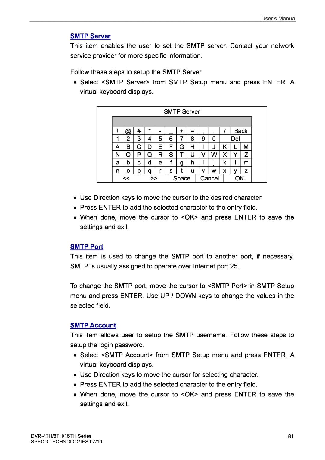Speco Technologies 4TH, 8TH, 16TH user manual SMTP Server, SMTP Port, SMTP Account 