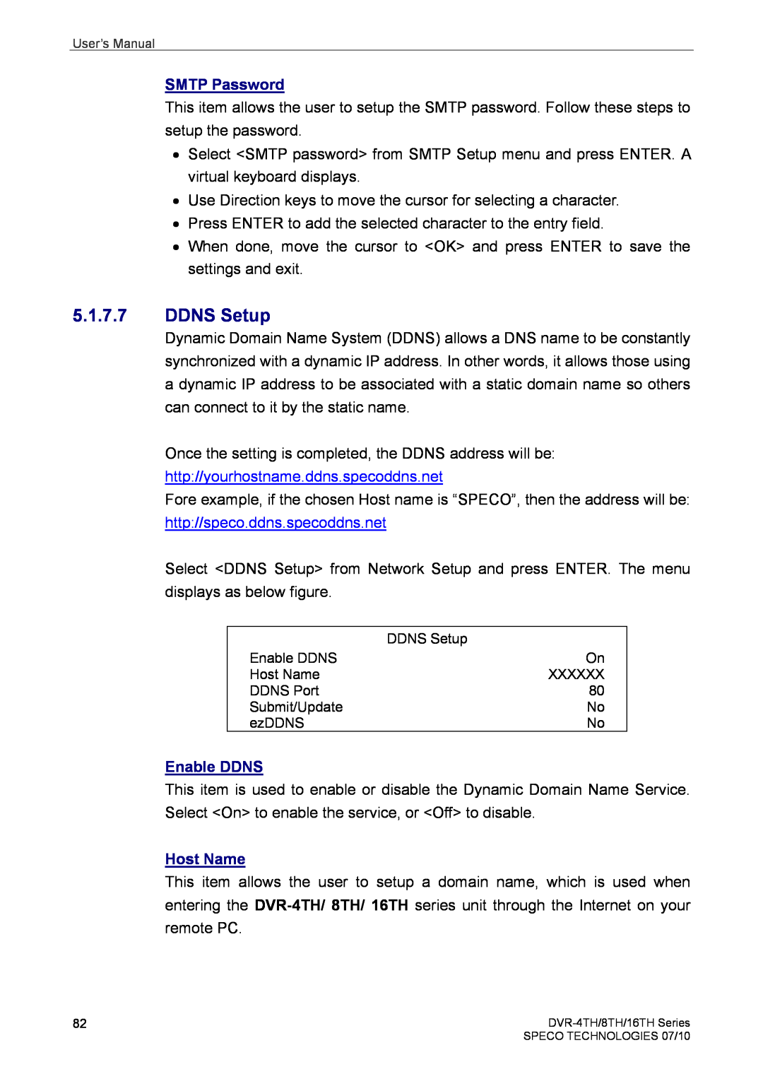 Speco Technologies 16TH, 8TH, 4TH user manual DDNS Setup, SMTP Password, Enable DDNS, Host Name 