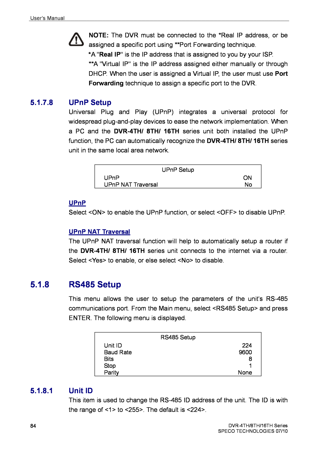 Speco Technologies 4TH, 8TH, 16TH user manual 5.1.8 RS485 Setup, UPnP Setup, Unit ID 