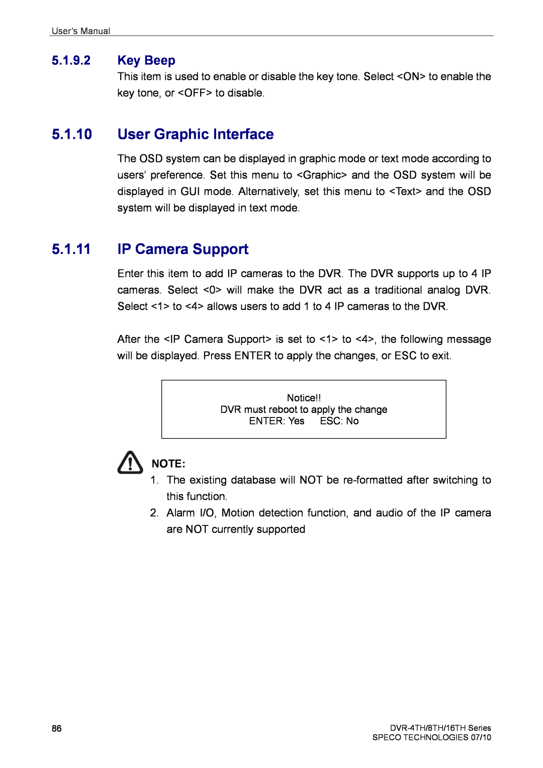 Speco Technologies 8TH, 4TH, 16TH user manual User Graphic Interface, IP Camera Support, Key Beep 