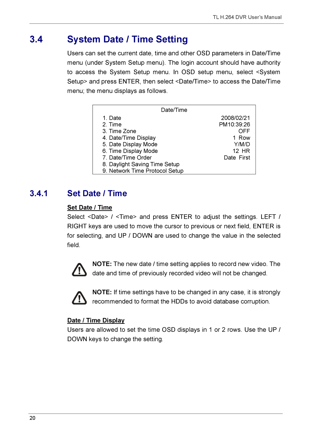 Speco Technologies 16TL, 8TL manual System Date / Time Setting, Set Date / Time 