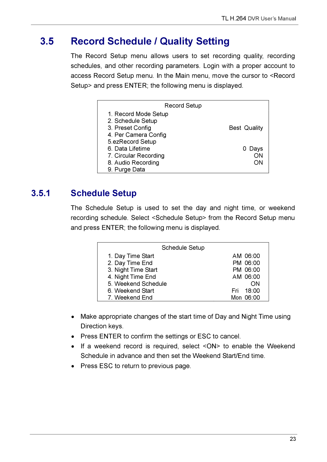 Speco Technologies 8TL, 16TL manual Record Schedule / Quality Setting, Schedule Setup 