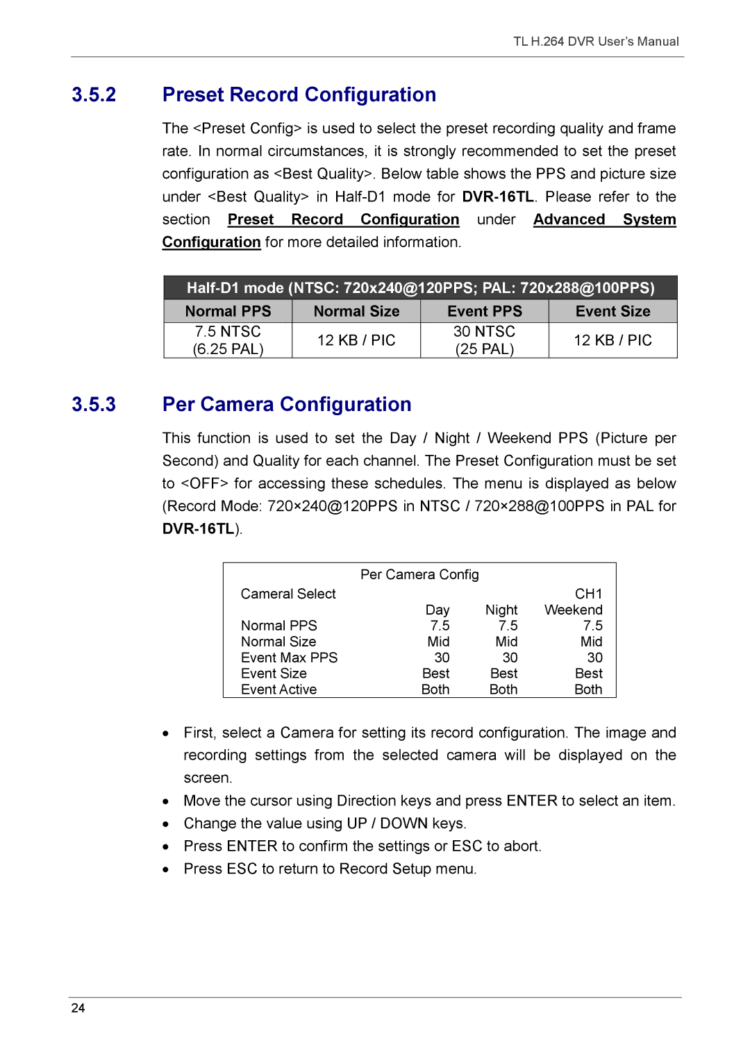 Speco Technologies 16TL, 8TL manual Preset Record Configuration, Per Camera Configuration 