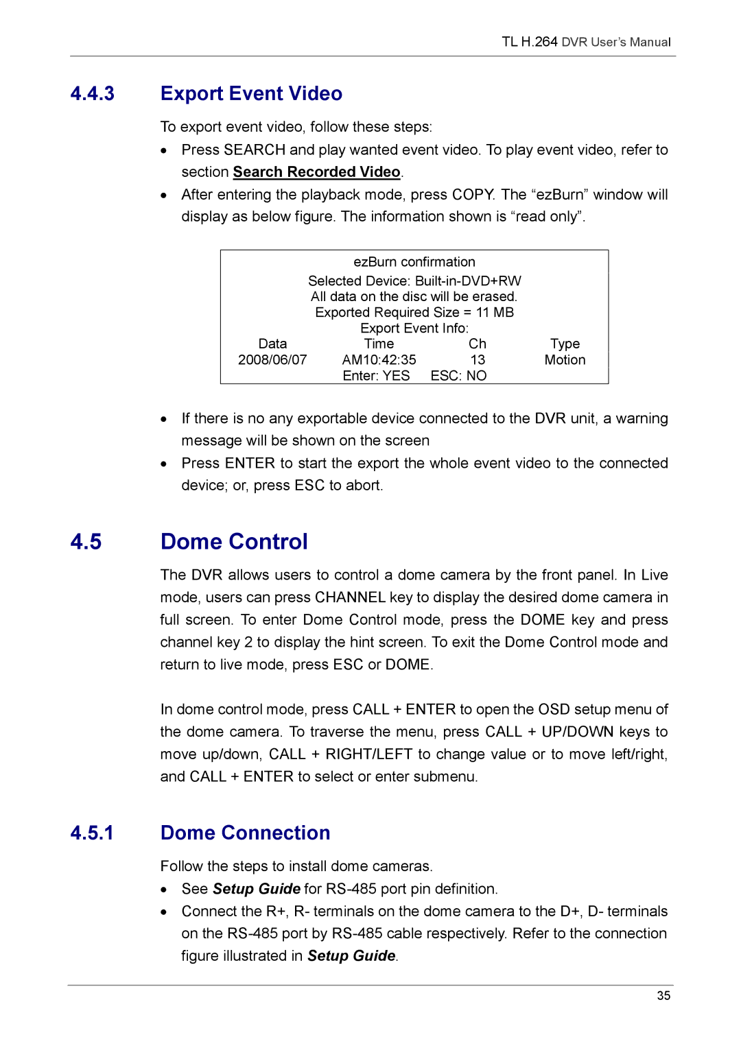 Speco Technologies 8TL, 16TL manual Dome Control, Export Event Video, Dome Connection 