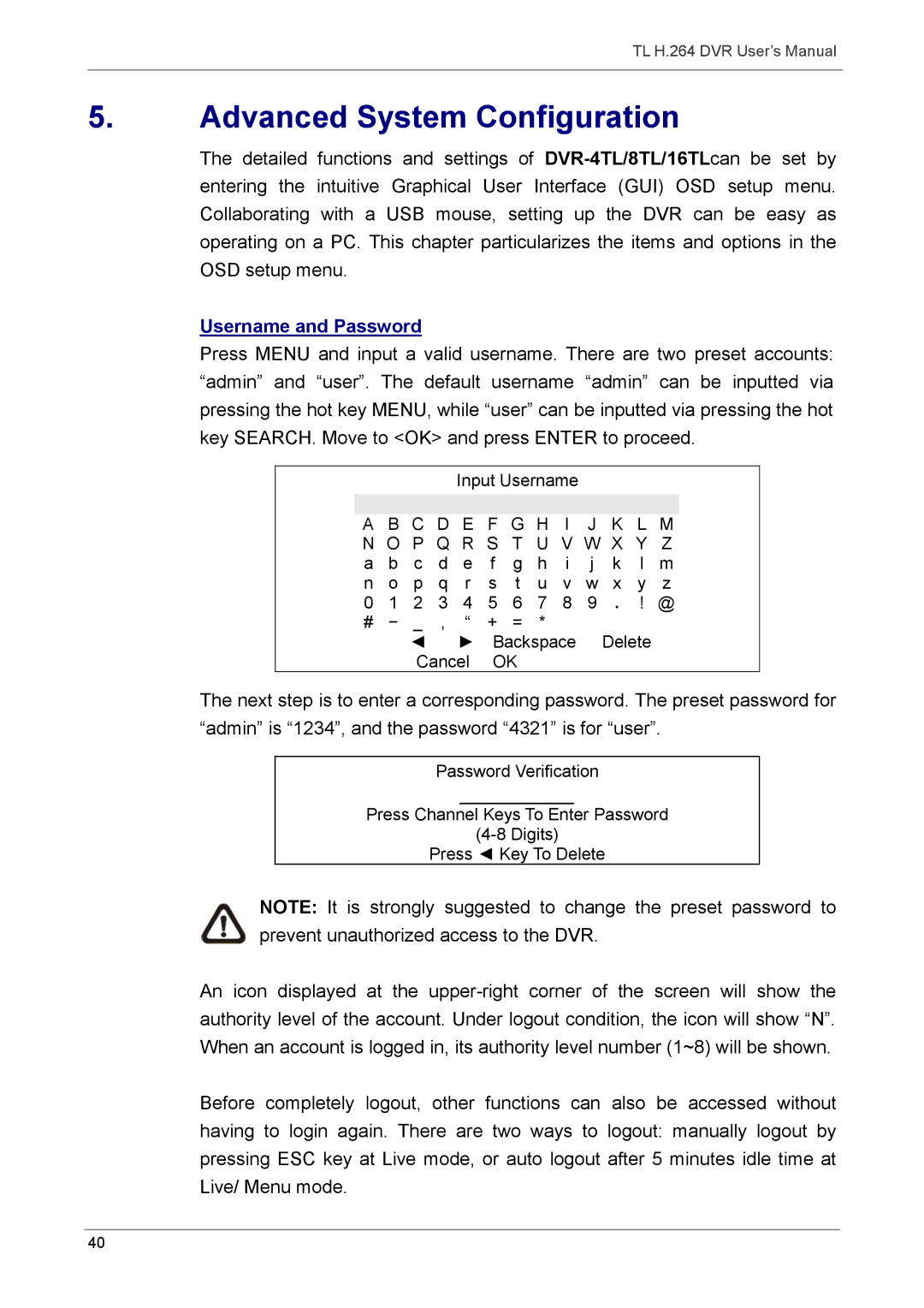 Speco Technologies 16TL, 8TL manual Advanced System Configuration, Username and Password 