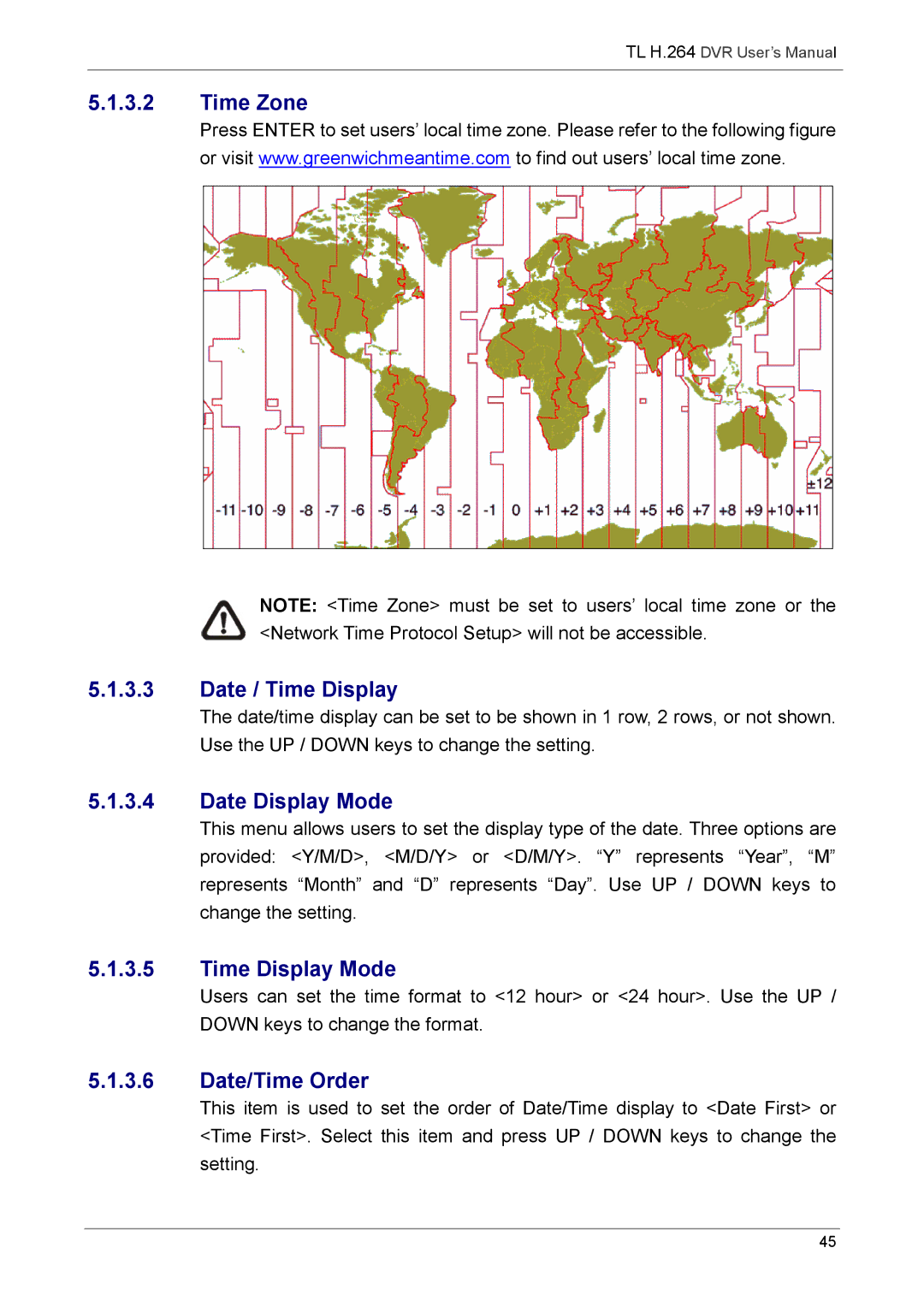 Speco Technologies 8TL, 16TL manual Time Zone Date / Time Display, Date Display Mode, Time Display Mode, Date/Time Order 