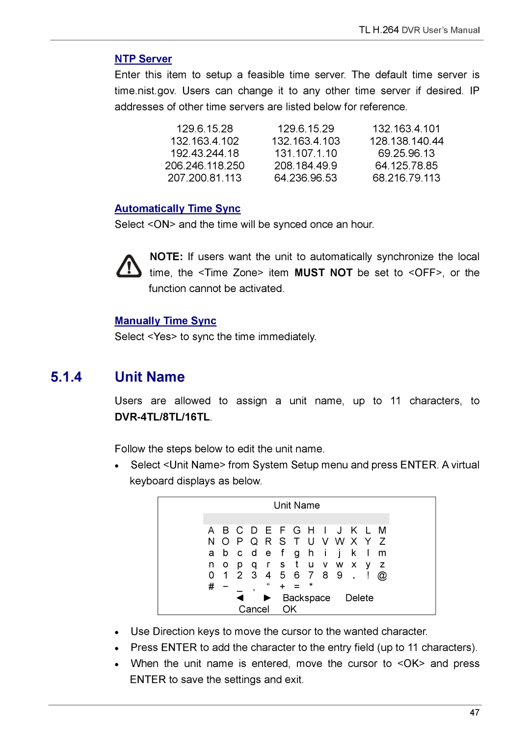 Speco Technologies 8TL, 16TL manual Unit Name, NTP Server, Automatically Time Sync, Manually Time Sync 