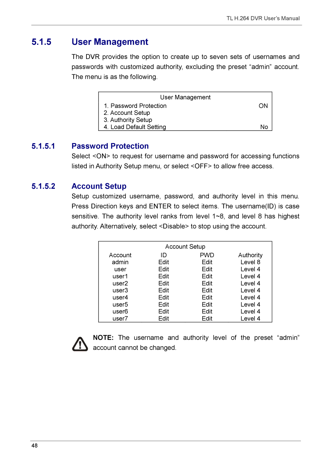 Speco Technologies 16TL, 8TL manual Password Protection, Account Setup 