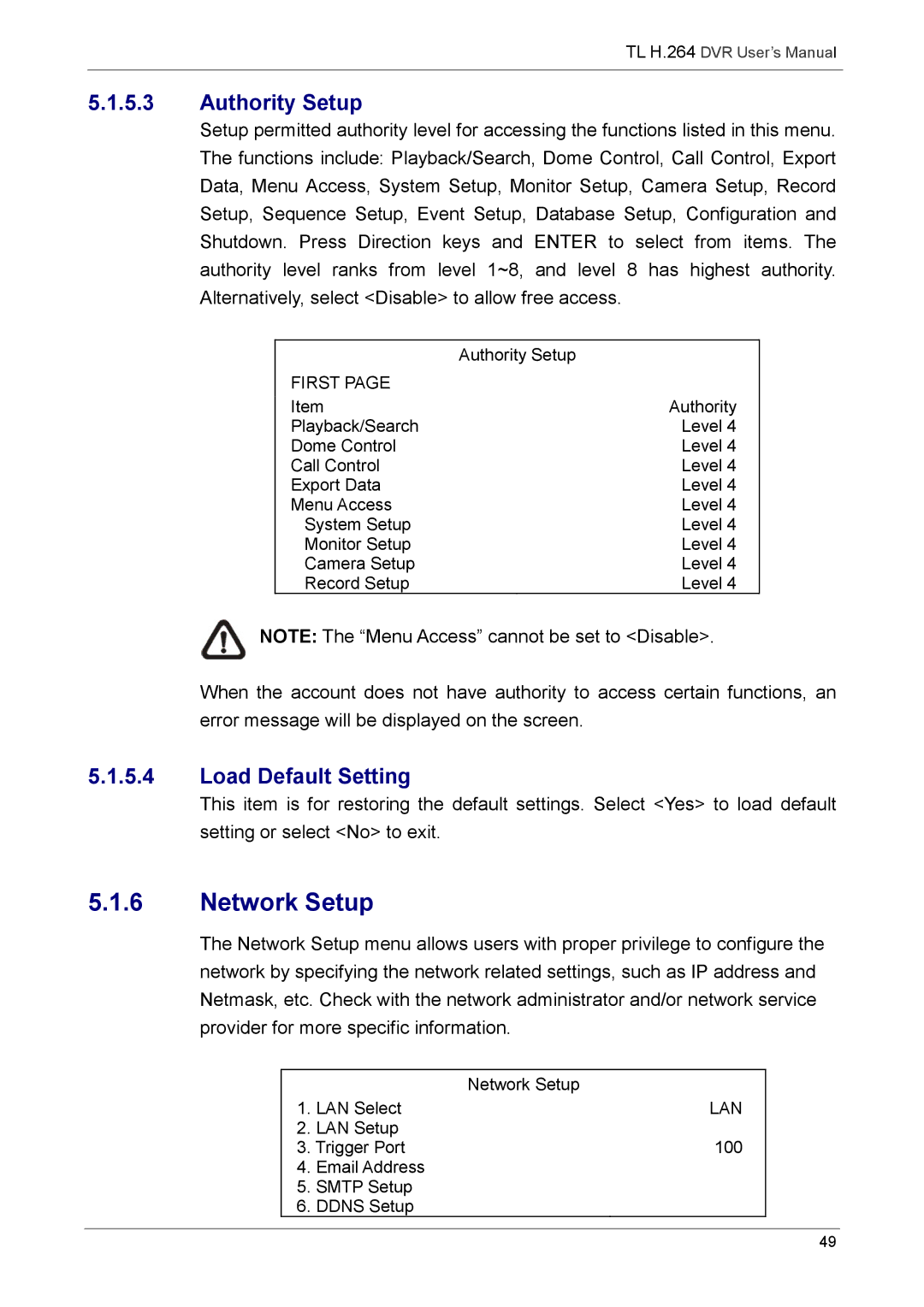 Speco Technologies 8TL, 16TL manual Network Setup, Authority Setup, Load Default Setting 