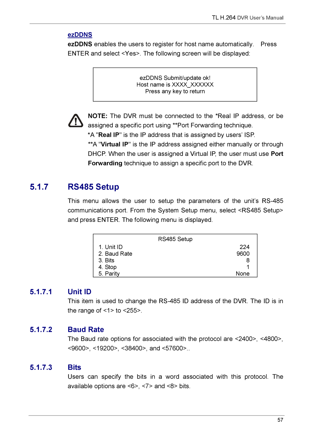 Speco Technologies 8TL, 16TL manual 7 RS485 Setup, Unit ID, Baud Rate, Bits, EzDDNS 