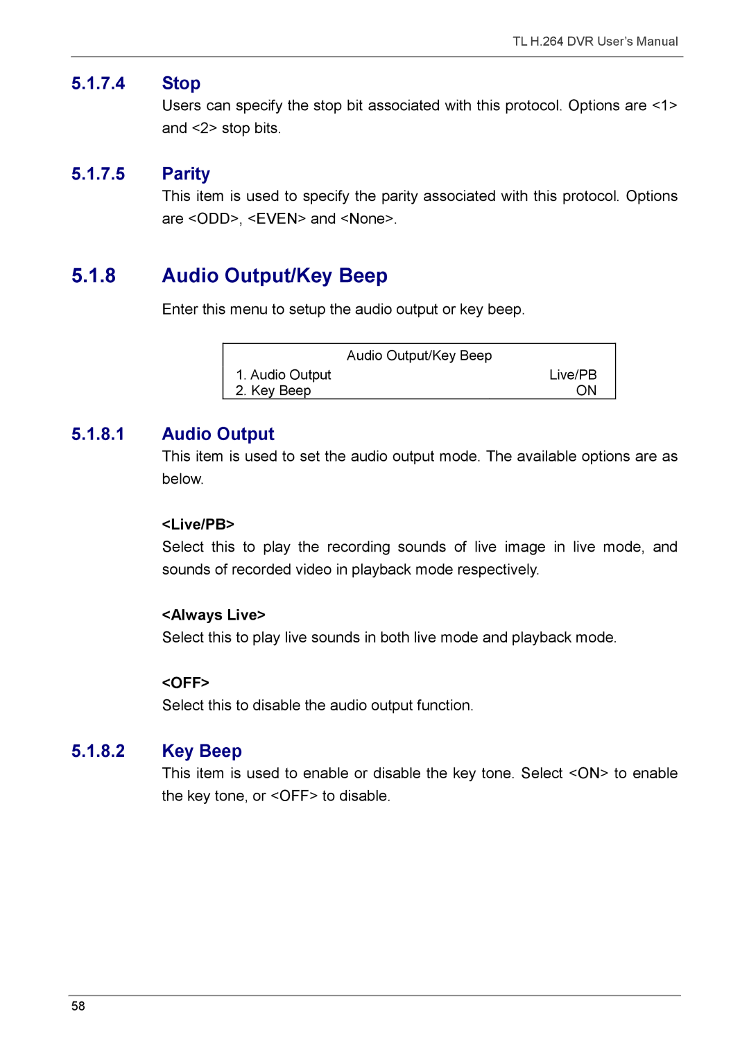 Speco Technologies 16TL, 8TL manual Audio Output/Key Beep, Stop, Parity 