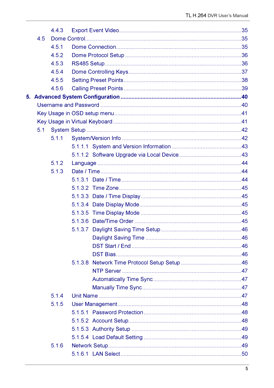 Speco Technologies 8TL, 16TL manual 3.1, 3.2, 3.3, 3.4, 3.5, Date/Time Order 3.7, 5.1, 5.2, Authority Setup 5.4, 6.1 