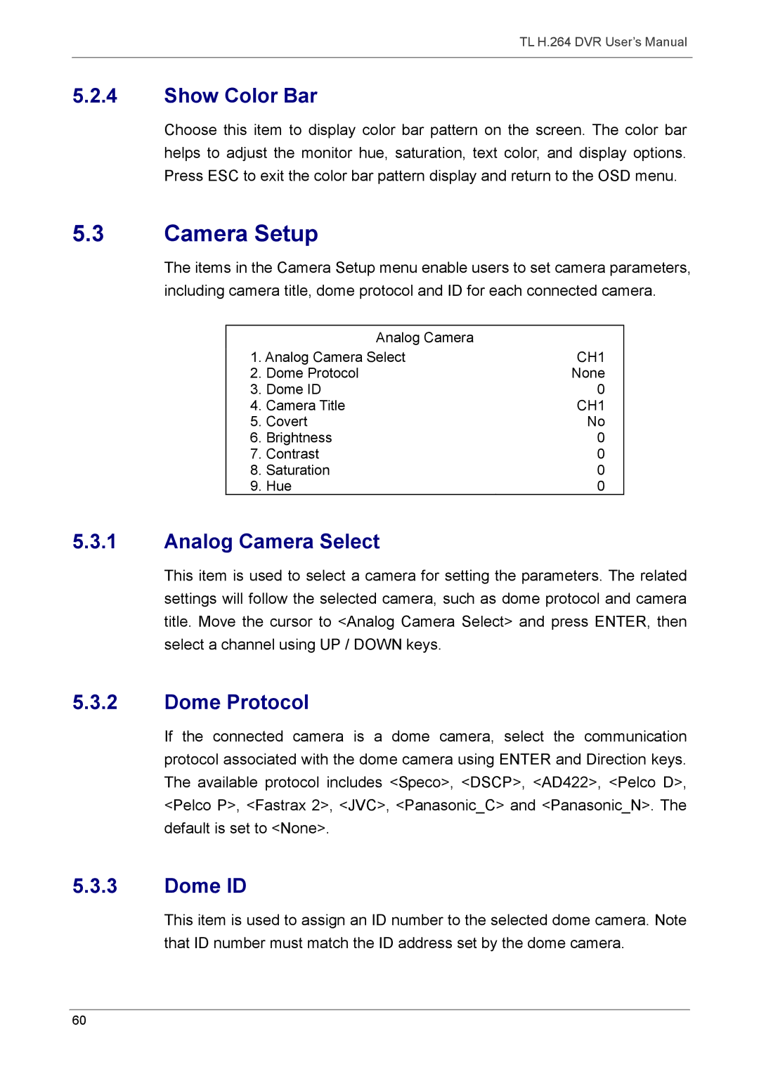 Speco Technologies 16TL, 8TL manual Camera Setup, Show Color Bar, Analog Camera Select, Dome Protocol, Dome ID 