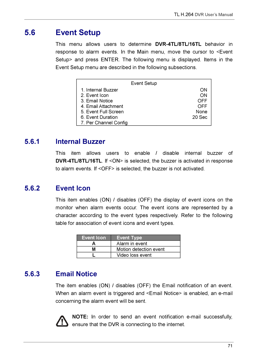 Speco Technologies 8TL, 16TL manual Event Setup, Internal Buzzer, Event Icon, Email Notice 