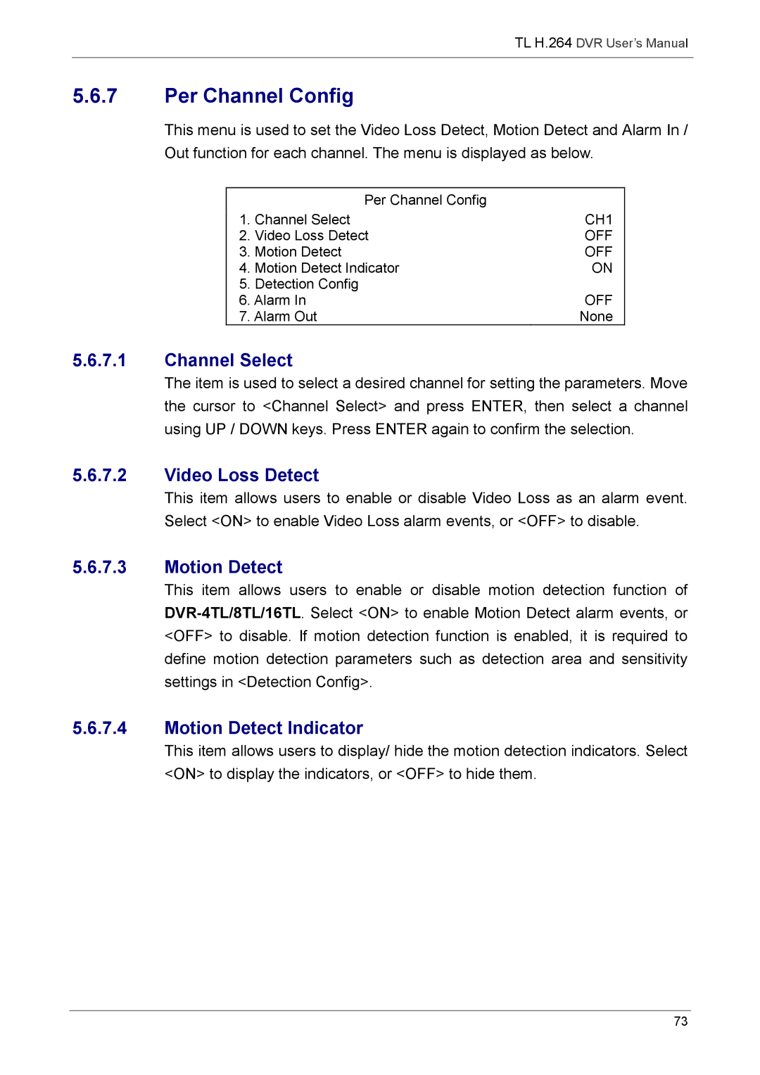 Speco Technologies 8TL, 16TL manual Per Channel Config, Channel Select, Video Loss Detect, Motion Detect Indicator 