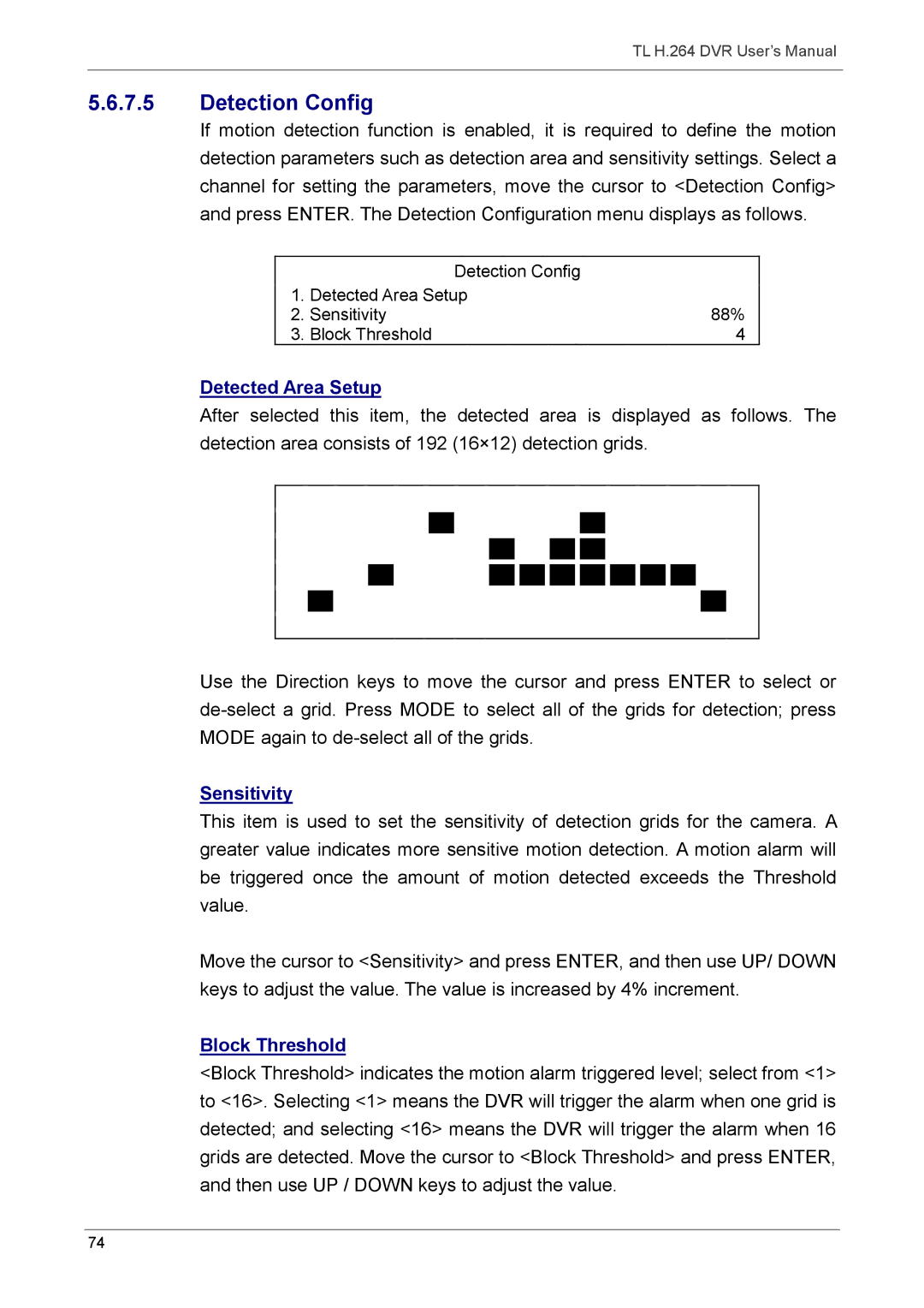 Speco Technologies 16TL, 8TL manual Detection Config, Sensitivity, Block Threshold 