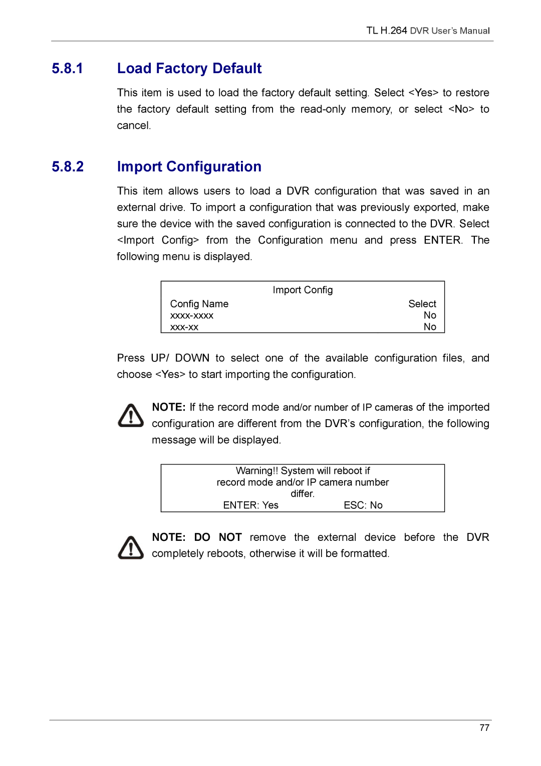 Speco Technologies 8TL, 16TL manual Load Factory Default, Import Configuration 