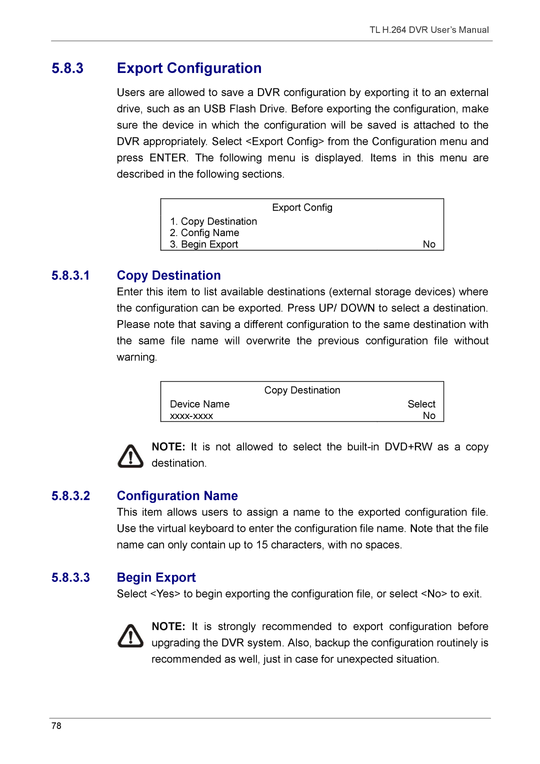 Speco Technologies 16TL, 8TL manual Export Configuration, Copy Destination, Configuration Name, Begin Export 