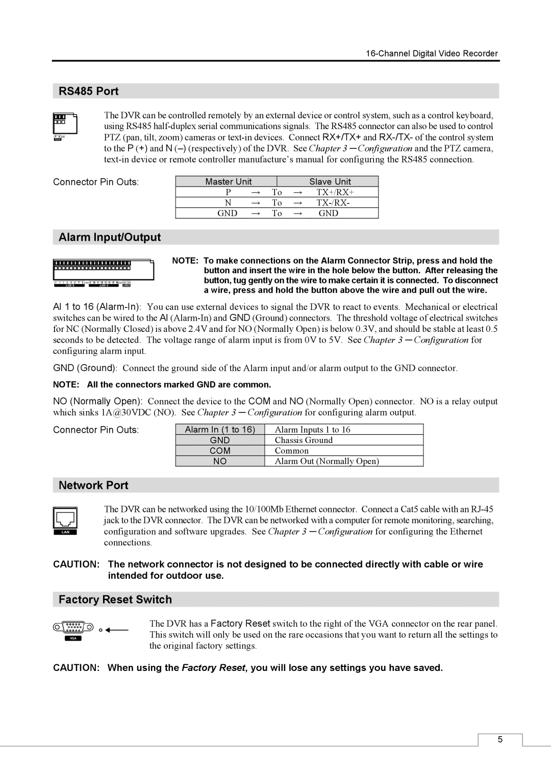 Speco Technologies CS16 manual RS485 Port, Alarm Input/Output, Network Port, Factory Reset Switch 