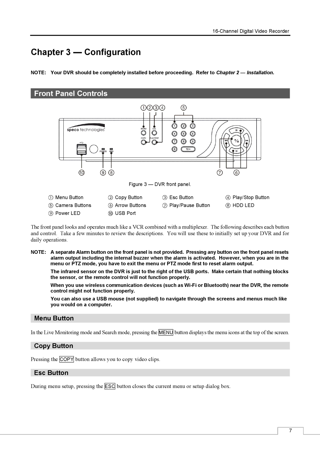 Speco Technologies CS16 manual Front Panel Controls, Menu Button, Copy Button, Esc Button 