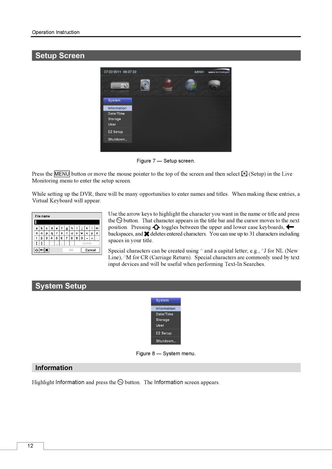 Speco Technologies CS16 manual Setup Screen, System Setup, Information 