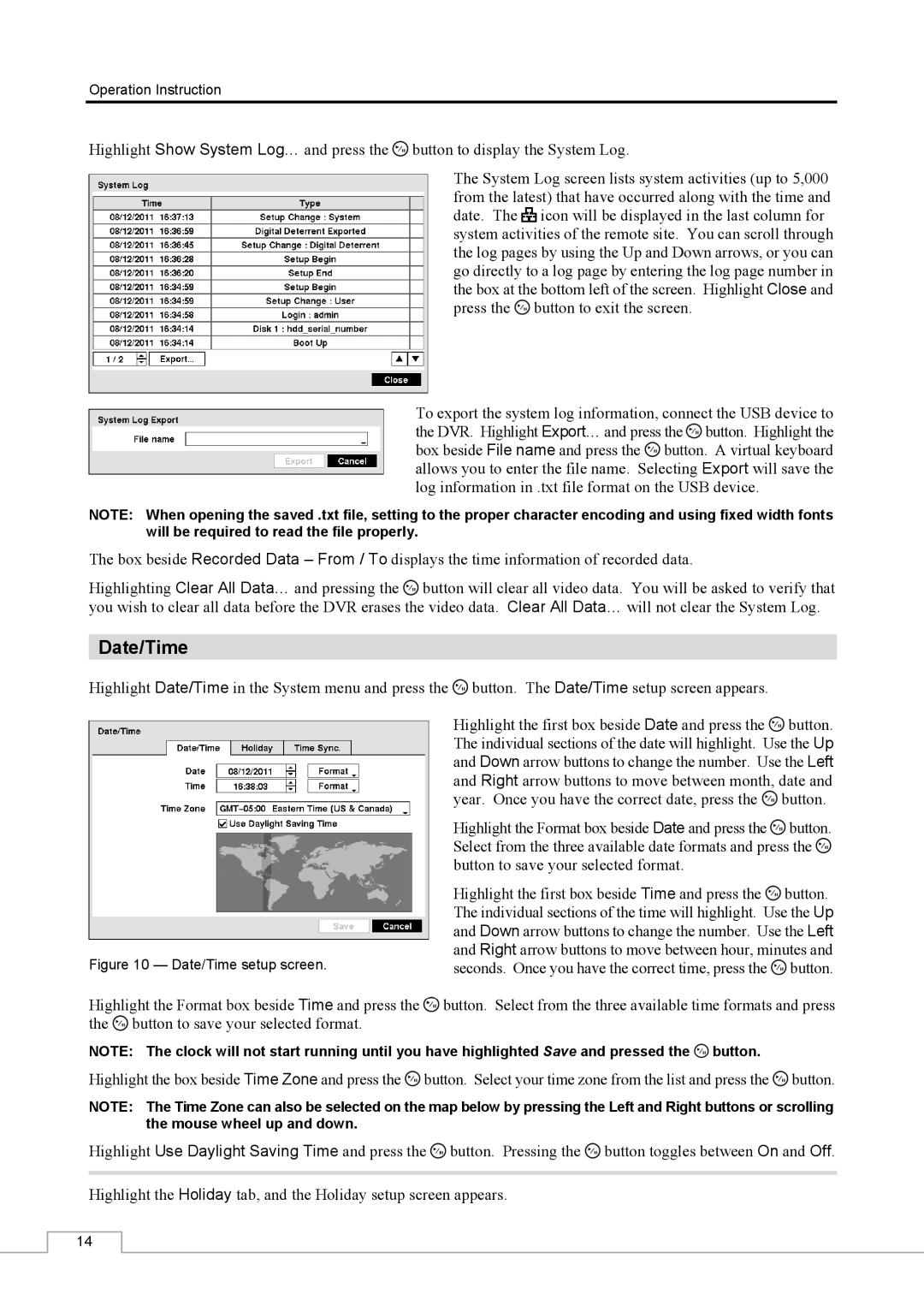 Speco Technologies CS16 manual Date/Time setup screen 