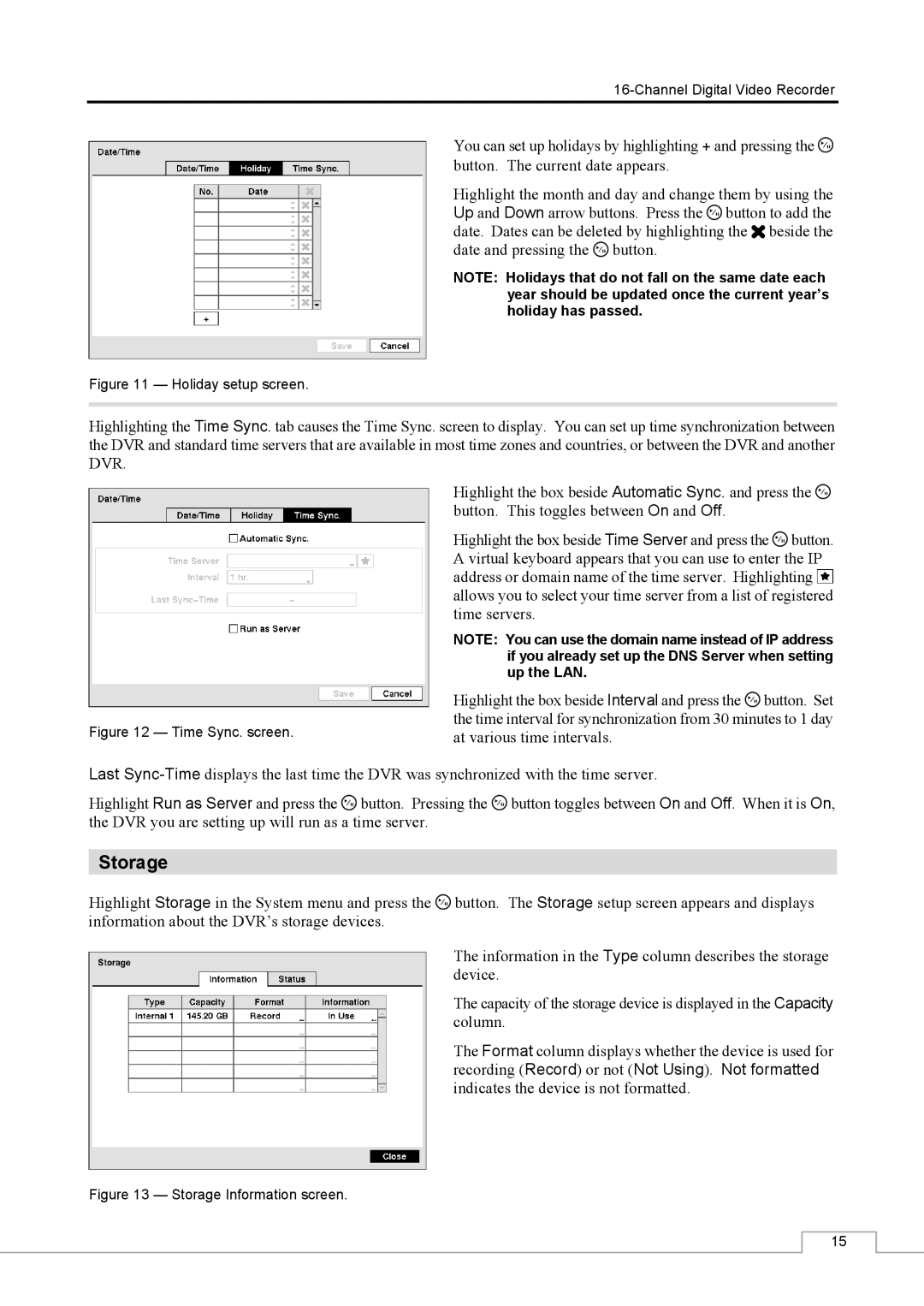 Speco Technologies CS16 manual Storage, Holiday setup screen 